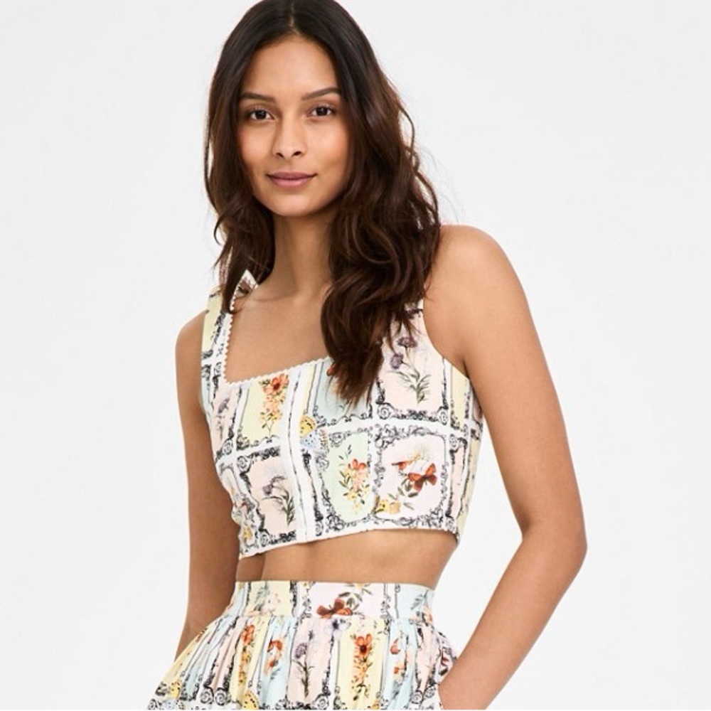 NWT Avec Les Filles L Corset Top Cropped Floral  Print Coquette Cottagecore
